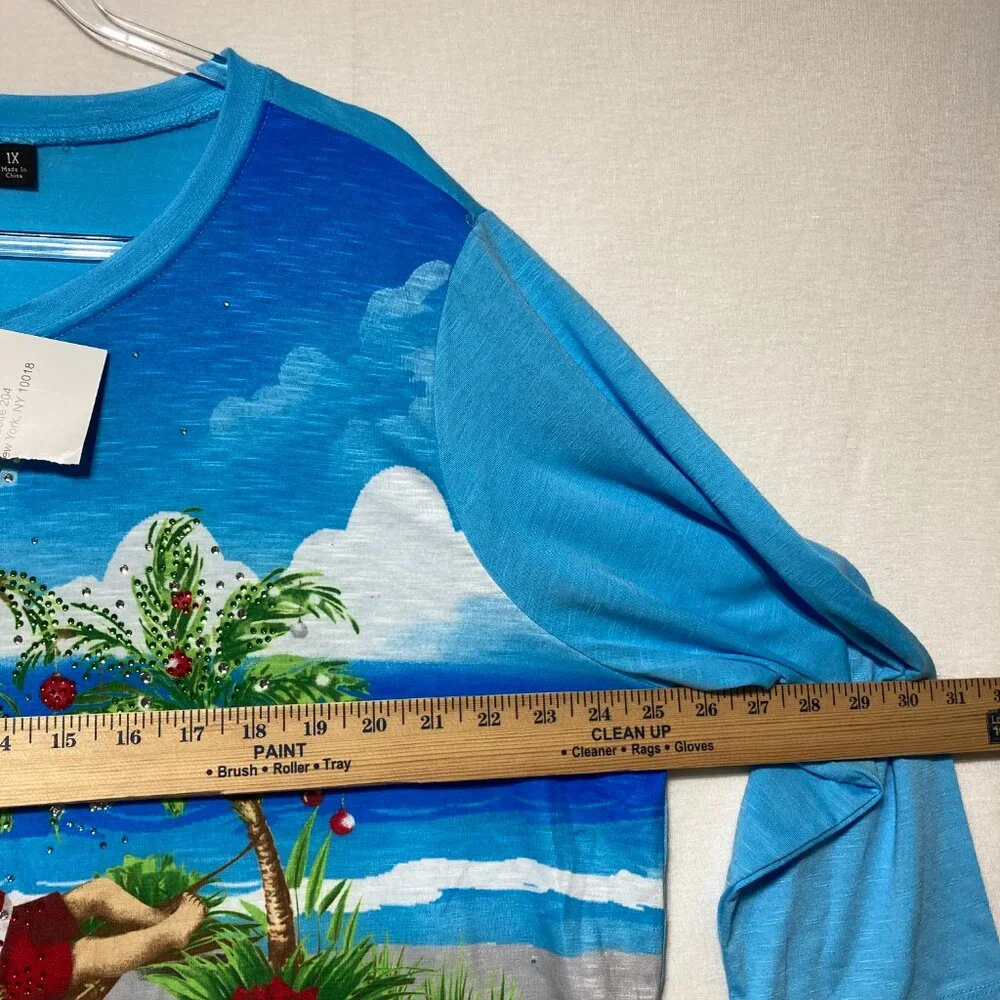 New Onque Casuals Top 1X Colorful Embellished Holiday Fun Print Stretch Vacation